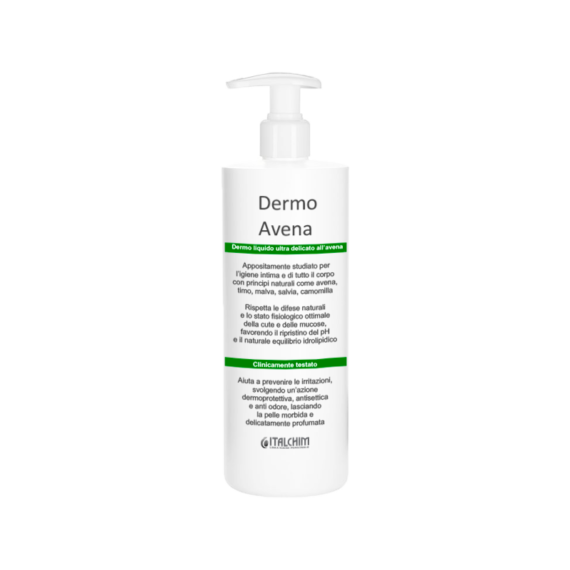 Dermo Avena, detergente dermoprotettivo ultra delicato con estratti di avena sativa, malva, timo, salvia, camomilla, per l’igiene intima e di tutto il corpo.