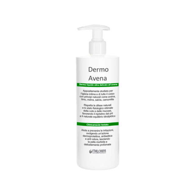 Dermo Avena, detergente dermoprotettivo ultra delicato con estratti di avena sativa, malva, timo, salvia, camomilla, per l’igiene intima e di tutto il corpo.